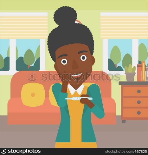 An african-american delighted woman looking at positive pregnancy test on the background of living room. Young woman checking pregnancy test. Vector flat design illustration. Square layout.. Woman with pregnancy test vector illustration.