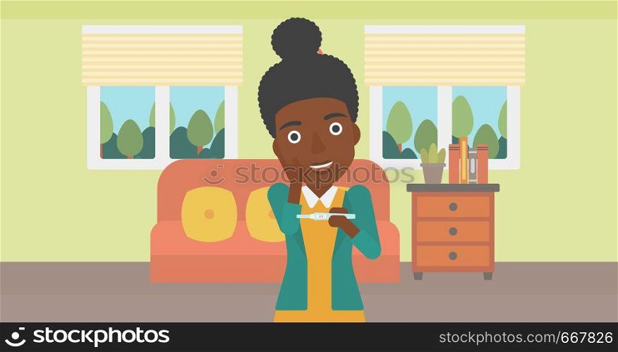 An african-american delighted woman looking at positive pregnancy test on the background of living room. Young woman checking pregnancy test. Vector flat design illustration. Horizontal layout.. Woman with pregnancy test.