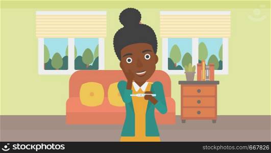 An african-american delighted woman looking at positive pregnancy test on the background of living room. Young woman checking pregnancy test. Vector flat design illustration. Horizontal layout.. Woman with pregnancy test.