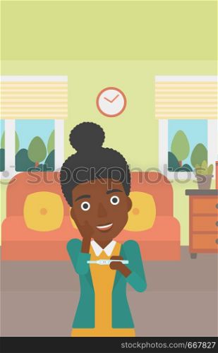 An african-american delighted woman looking at positive pregnancy test on the background of living room. Young woman checking pregnancy test. Vector flat design illustration. Vertical layout.. Woman with pregnancy test.