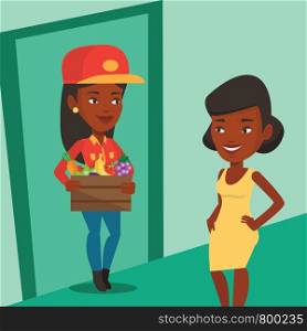 An african-american delivery courier delivering online grocery shopping order. Young woman receiving grocery products from delivery courier at home. Vector flat design illustration. Square layout.. Delivery courier delivering groceries to customer.