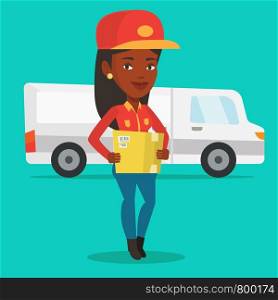 An african-american delivery courier holding box on the background of truck. Delivery courier carrying cardboard box. Delivery courier with box in hands. Vector flat design illustration. Square layout. Delivery courier carrying cardboard boxes.
