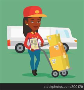 An african-american delivery courier with cardboard boxes on troley. Young delivery courier holding clipboard. Courier standing in front of delivery van. Vector flat design illustration. Square layout. Delivery courier with cardboard boxes.