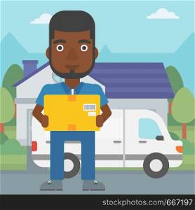 An african-american delivery man with box on background of delivery truck. Delivery man carrying cardboard box. Man with a box in his hands. Vector flat design illustration. Square layout.. Delivery man carrying cardboard boxes.