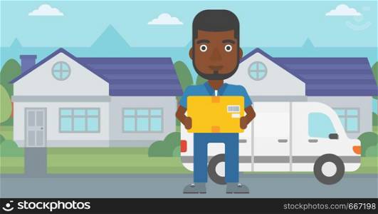 An african-american delivery man with box on background of delivery truck. Delivery man carrying cardboard box. Man with a box in his hands. Vector flat design illustration. Horizontal layout.. Delivery man carrying cardboard boxes.