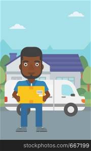 An african-american delivery man with box on background of delivery truck. Delivery man carrying cardboard box. Man with a box in his hands. Vector flat design illustration. Vertical layout.. Delivery man carrying cardboard boxes.