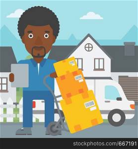 An african-american delivery man with cardboard boxes on troley. Delivery man with clipboard. Man standing in front of delivery van. Vector flat design illustration. Square layout.. Delivery man with cardboard boxes.