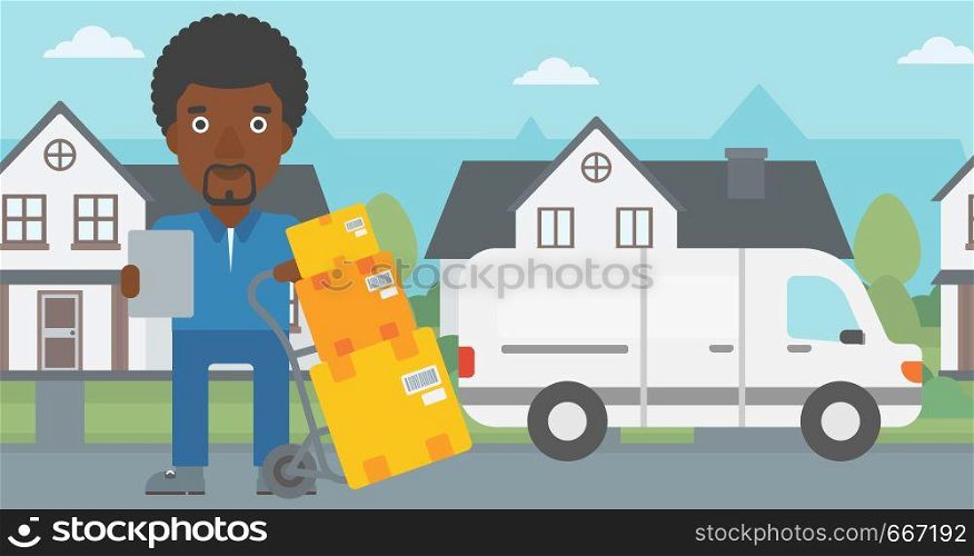 An african-american delivery man with cardboard boxes on troley. Delivery man with clipboard. Man standing in front of delivery van. Vector flat design illustration. Horizontal layout.. Delivery man with cardboard boxes.