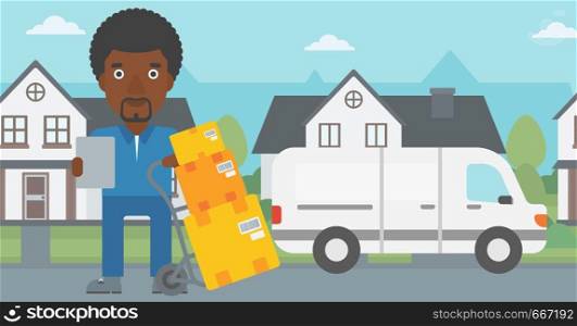 An african-american delivery man with cardboard boxes on troley. Delivery man with clipboard. Man standing in front of delivery van. Vector flat design illustration. Horizontal layout.. Delivery man with cardboard boxes.