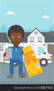 An african-american delivery man with cardboard boxes on troley. Delivery man with clipboard. Man standing in front of delivery van. Vector flat design illustration. Vertical layout.. Delivery man with cardboard boxes.