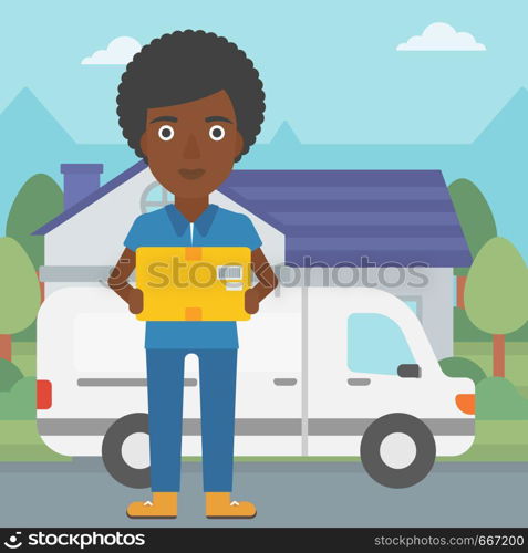 An african-american delivery woman with a cardboard box standing on background of delivery truck. Woman with a cardboard box in her hands. Vector flat design illustration. Square layout.. Delivery woman carrying cardboard boxes.