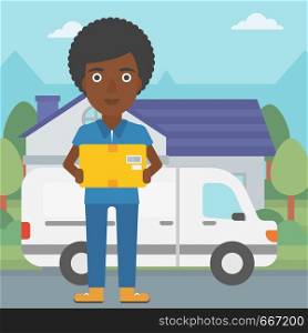 An african-american delivery woman with a cardboard box standing on background of delivery truck. Woman with a cardboard box in her hands. Vector flat design illustration. Square layout.. Delivery woman carrying cardboard boxes.