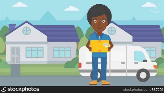 An african-american delivery woman with a cardboard box standing on background of delivery truck. Woman with a cardboard box in her hands. Vector flat design illustration. Horizontal layout.. Delivery woman carrying cardboard boxes.