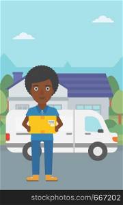 An african-american delivery woman with a cardboard box standing on background of delivery truck. Woman with a cardboard box in her hands. Vector flat design illustration. Vertical layout.. Delivery woman carrying cardboard boxes.