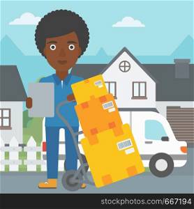 An african-american delivery woman with cardboard boxes on troley. Delivery woman with clipboard. Woman standing in front of delivery van. Vector flat design illustration. Square layout.. Delivery woman with cardboard boxes.