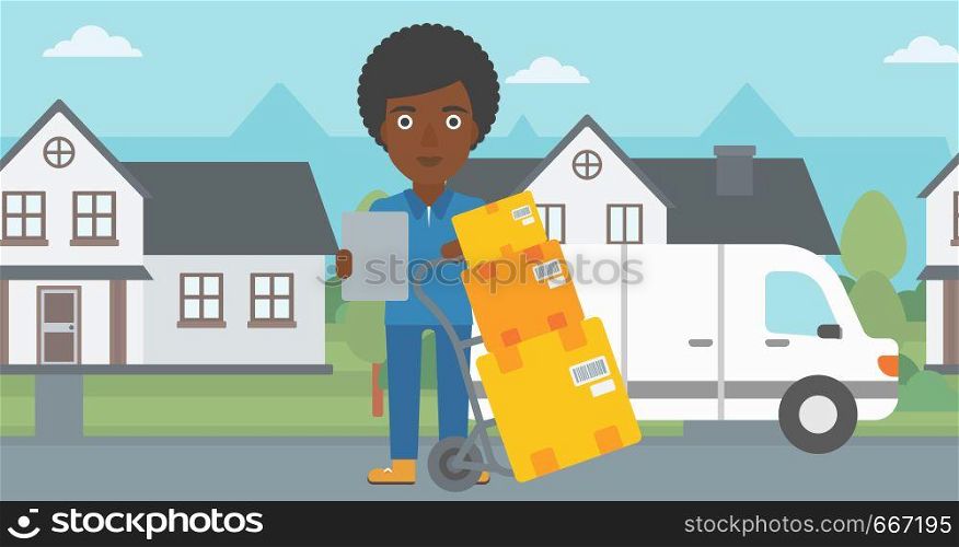 An african-american delivery woman with cardboard boxes on troley. Delivery woman with clipboard. Woman standing in front of delivery van. Vector flat design illustration. Horizontal layout.. Delivery woman with cardboard boxes.