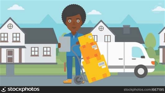 An african-american delivery woman with cardboard boxes on troley. Delivery woman with clipboard. Woman standing in front of delivery van. Vector flat design illustration. Horizontal layout.. Delivery woman with cardboard boxes.
