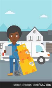 An african-american delivery woman with cardboard boxes on troley. Delivery woman with clipboard. Woman standing in front of delivery van. Vector flat design illustration. Vertical layout.. Delivery woman with cardboard boxes.