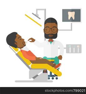 An african-american dentist man examines a patient teeth in the clinic vector flat design illustration isolated on white background. Square layout.. Patient and dentist.