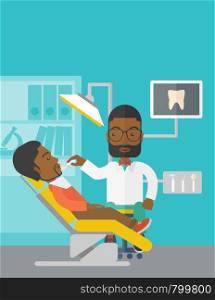 An african-american dentist man examines a patient teeth in the clinic vector flat design illustration. Vertical poster layout with a text space.. Patient and dentist.