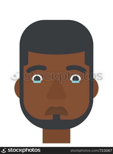 An african-american depressed man vector flat design illustration isolated on white background. Vertical layout.. Young depressed man.