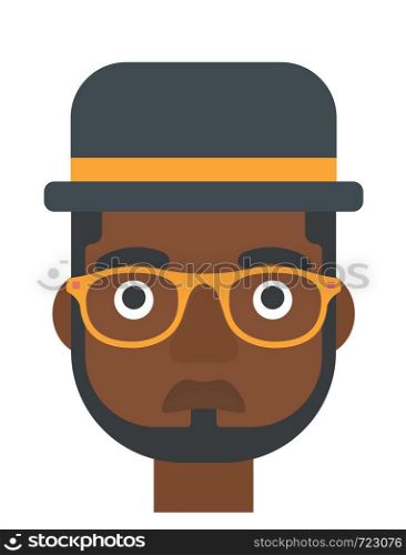 An african-american depressed man vector flat design illustration isolated on white background. Vertical layout.. Young depressed man.
