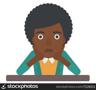 An african-american disappointed young woman sitting at the table and clutching her head vector flat design illustration isolated on white background. . Woman clutching her head in desperate.