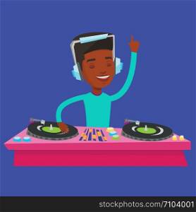 An african-american DJ in headphones at the party in night club. Young male DJ mixing music on turntables. Happy DJ playing and mixing music on deck. Vector flat design illustration. Square layout.. DJ mixing music on turntables vector illustration.