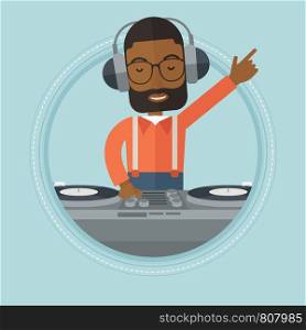 An african-american DJ mixing music on turntables. Young DJ in headphones playing and mixing music on deck. Vector flat design illustration in the circle isolated on background.. Smiling DJ mixing music on turntables.