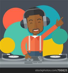 An african-american DJ wearing headphones with hand up playing vinyl vector flat design illustration. Square layout.. DJ with console.