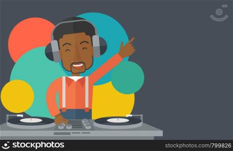 An african-american DJ wearing headphones with hand up playing vinyl vector flat design illustration. Horizontal layout with a text space.. DJ with console.