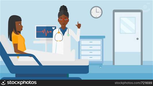 An african-american doctor taking care of patient in the hospital ward with heart rate monitor vector flat design illustration. Horizontal layout.. Doctor visiting patient.