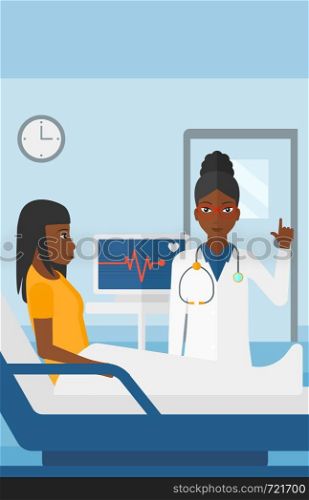 An african-american doctor taking care of patient in the hospital ward with heart rate monitor vector flat design illustration. Vertical layout.. Doctor visiting patient.