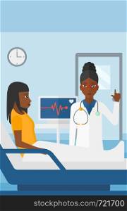 An african-american doctor taking care of patient in the hospital ward with heart rate monitor vector flat design illustration. Vertical layout.. Doctor visiting patient.