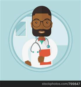 An african-american doctor with stethoscope and a file in hospital. Male doctor carrying folder of patient or medical information. Vector flat design illustration in the circle isolated on background.. Doctor with stethoscope and file.