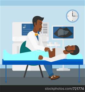 An african-american doctor with ultrasonic equipment during ultrasound medical examination of a man vector flat design illustration. Square layout.. Patient under ultrasound examination.