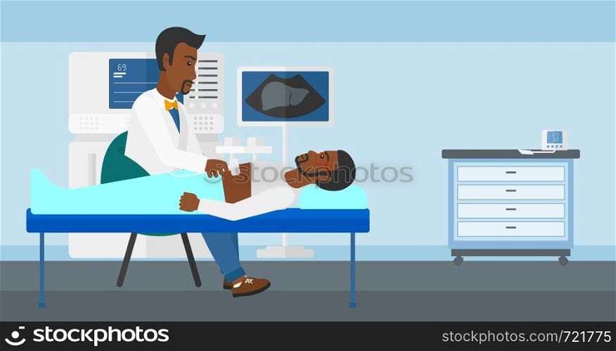 An african-american doctor with ultrasonic equipment during ultrasound medical examination of a man vector flat design illustration. Horizontal layout.. Patient under ultrasound examination.