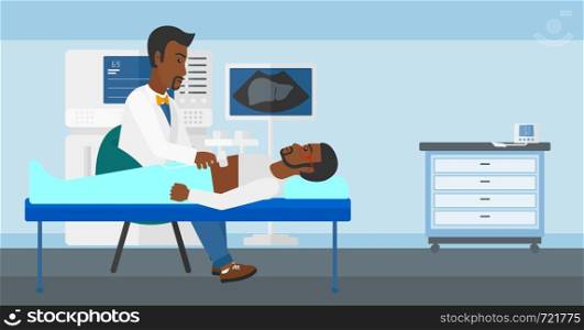 An african-american doctor with ultrasonic equipment during ultrasound medical examination of a man vector flat design illustration. Horizontal layout.. Patient under ultrasound examination.