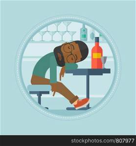 An african-american drunk bar customer deeply sleeping in bar. Bar customer asleep on the table. Alcohol addiction concept. Vector flat design illustration in the circle isolated on background.. Drunk man sleeping in bar vector illustration.