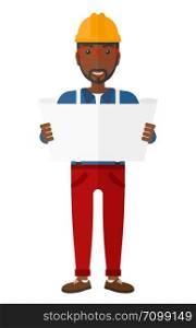 An african-american engineer considering a blueprint vector flat design illustration isolated on white background. . Engineer holding blueprint.