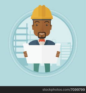 An african-american engineer watching a blueprint at construction site. Man with engineer blueprint. Engineer holding a blueprint. Vector flat design illustration in the circle isolated on background.. Engineer watching a blueprint vector illustration.