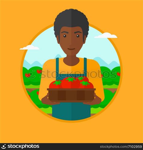 An african-american farmer holding a box with tomatoes. Happy farmer standing on the background of field with bushes of tomatoes. Vector flat design illustration in the circle isolated on background.. Farmer collecting tomatos vector illustration.