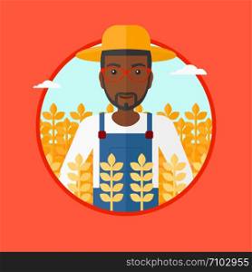 An african-american farmer in summer hat standing in a wheat field. An african-american smiling man working in a wheat field. Vector flat design illustration in the circle isolated on background.. Farmer in wheat field vector illustration.