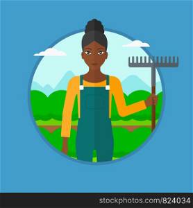An african-american farmer standing with a rake at cabbage field. Young female farmer holding rake and working in cabbage field. Vector flat design illustration in the circle isolated on background.. Farmer with rake at cabbage field.