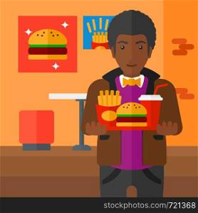 An african-american fat man holding a tray full of junk food on a cafe background vector flat design illustration. Square layout.. Man with fast food.