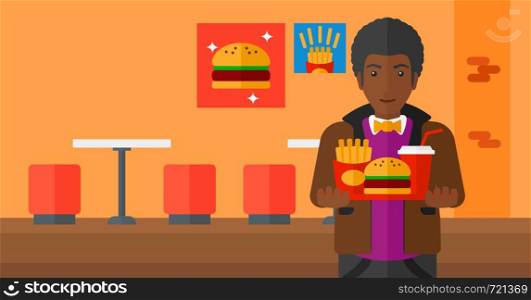 An african-american fat man holding a tray full of junk food on a cafe background vector flat design illustration. Horizontal layout.. Man with fast food.