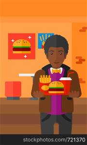 An african-american fat man holding a tray full of junk food on a cafe background vector flat design illustration. Vertical layout.. Man with fast food.
