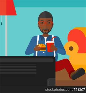 An african-american fat man sitting on the floor in living room while eating hamburger and drinking soda vector flat design illustration. Square layout.. Man eating hamburger.