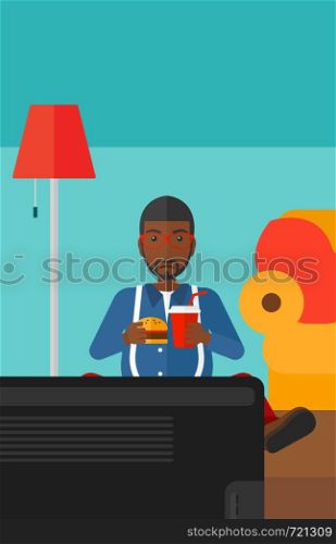 An african-american fat man sitting on the floor in living room while eating hamburger and drinking soda vector flat design illustration. Vrtical layout.. Man eating hamburger.
