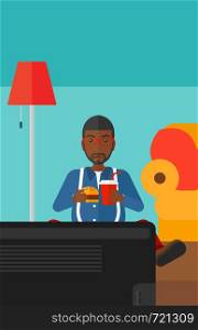 An african-american fat man sitting on the floor in living room while eating hamburger and drinking soda vector flat design illustration. Vrtical layout.. Man eating hamburger.
